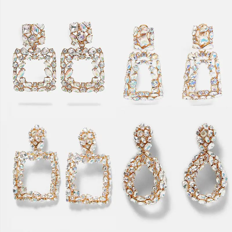 

Flatfoosie ZA Shine Crystal Drop Earrings for Women Geometric Rhinestone Big Statement Earrings Bling Wedding Bridal New Jewelry