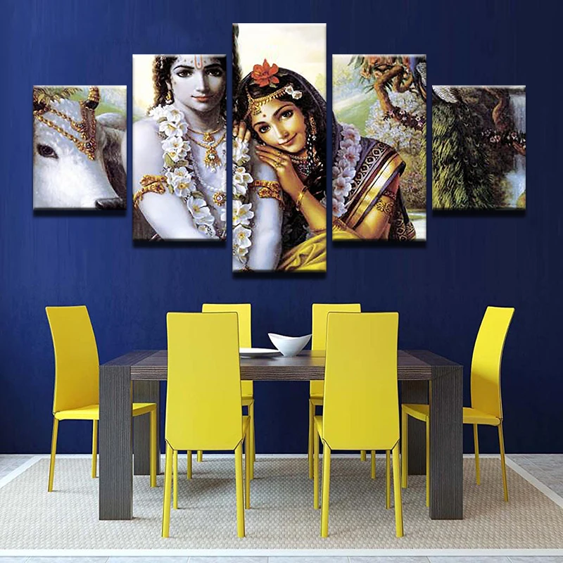 JIE DO ART HD Printed Painting Canvas Print 5 Panel Radha Krishna Home Decor Wall Art Indian Pictures For Living Room | Дом и сад