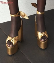 Sexy Peep Toe Bowknot Thick Heels Sandal Lace up Platform Chunky High Heel Party Shoes Woman Summer Gold Leather Dress Heels Sexy Peep Toe Bowknot Thick Heels Sandal Lace up Platform Chunky High Heel Party Shoes Woman Summer Gold Leather Dress Heels