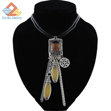 Vintage Crystal Necklace for Women Zinc Alloy Geometric Rhinestone Leather Rope Long Necklace Pendant rhinestone heart faux leather rope necklace