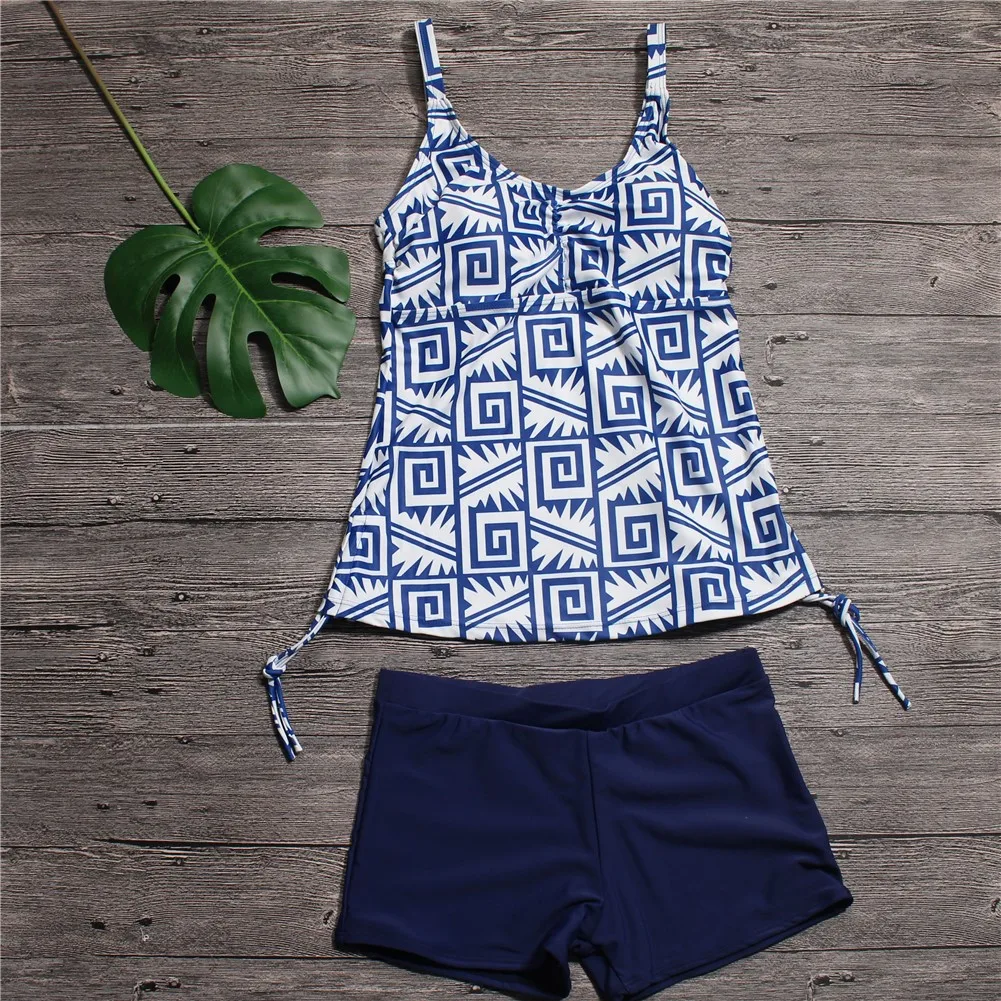 

2018 Sexy Swimwear Women Tankini Set Two-piece Swimsuit Geometric Strap Sport Swimming Suits with Shorts Bathing Suits