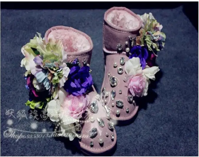

2016 autumn and winter new fairy artifact mix and match flower version pearl rhinestone thick bottom flip fur bare boots female