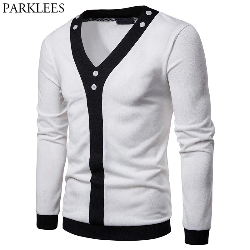 Mens Patchwork Pullover Sweater V Neck Black And White Hit Color Design