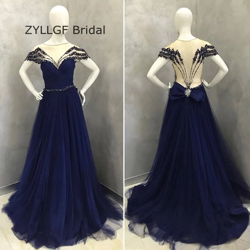 ZYLLGF A Line Sheer Back Cap Sleeve Evening Dresses Lebanon Long Tulle Navy Blue Gown With Beadings SA202 | Свадьбы и торжества