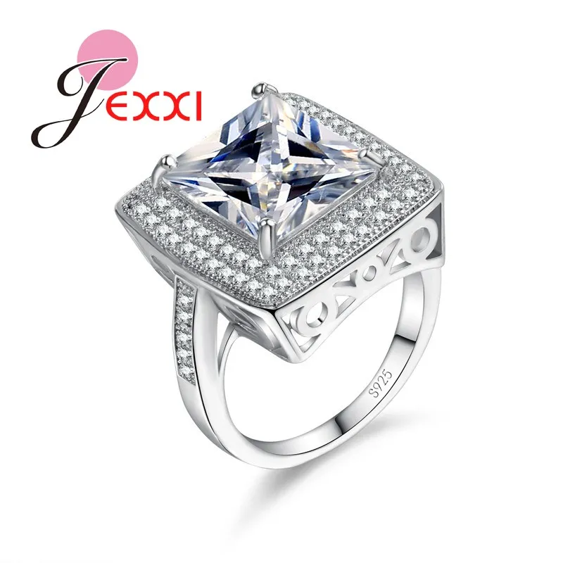 

JEXXI Personality Luxury Jewelry Rings Women Silver 925 Stamp Accessory Huge Shiny Crystal Wedding Engagement Finger Rings