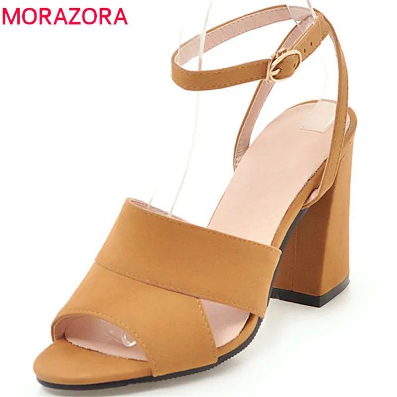 

MORAZORA 2018 new arrival women sandals flock simple buckle summer shoes peep toe fashion dress shoes high heels shoes woman