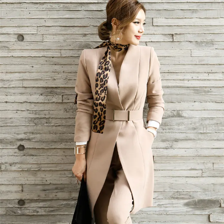 

Ladies Office Pant Suits 2 Pieces Long Blazer and Pant Business Casual Trouser Suite Womens Khaki Black Pant Suit for Women