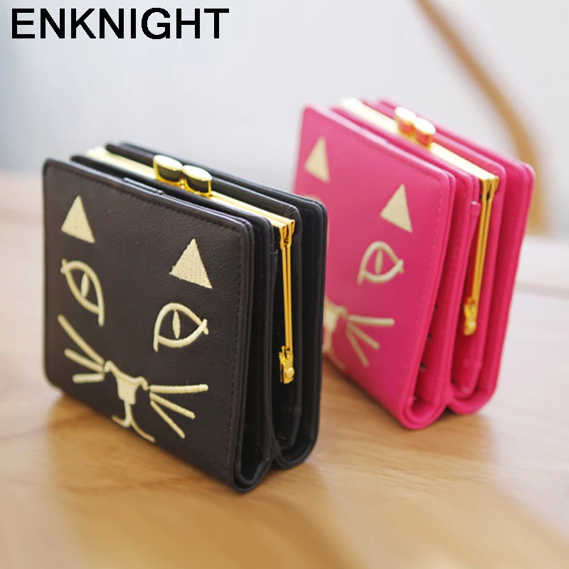 ENKNIGHT Cat Face с коротким кошелек Для женщин кошелек раза карты Слоты Монета Сумка вышивка мило Hasp мини маленький костыль из искусственной кожи