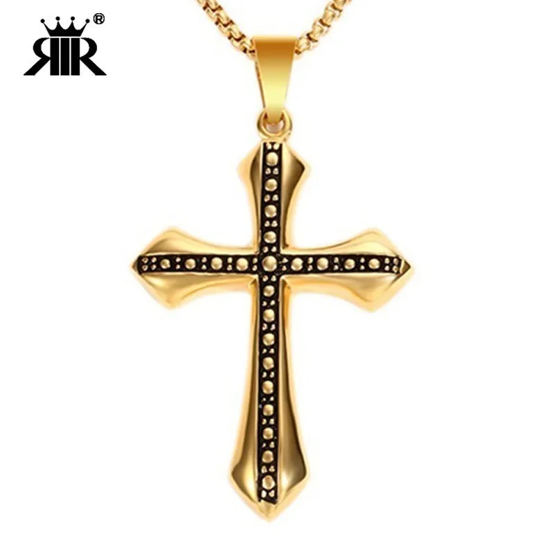 RIR Mens Big Cross Necklace Large Gold Cross Pendant Charms Fine