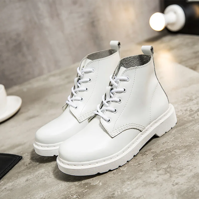 

New white leather Martin boots female white boots low-heeled flat boots lovers motorcycle women's boots