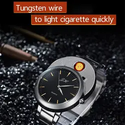 Для мужчин часы Творческий беспламенная USB Зажигалка часы для мужчин кварцевые наручные часы Вольфрам сталь ремешок для часов сигарет часы