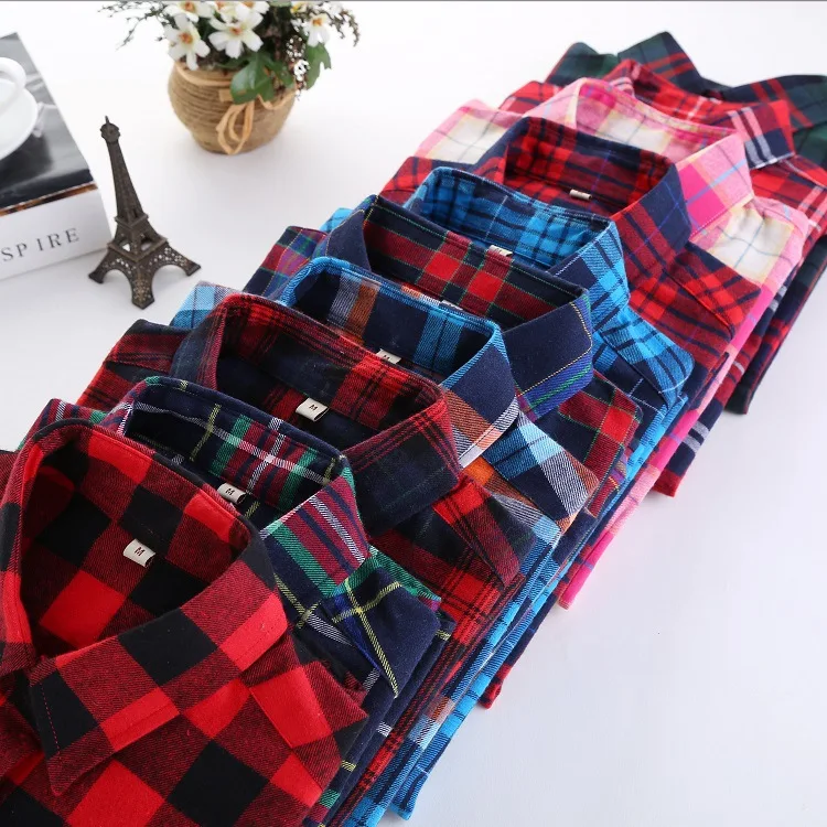 2016 female new fashion long sleeve college style casual plaid shirts / women's pure cotton large yard slim sanded shirt