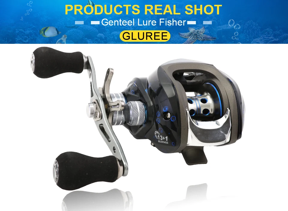 GLUREE Plastic Baitcasting Fishing Reel 13+1BB 6.31 220g Metal Line Cup Blue LeftRight Hand Lure Fishing FreshSalt Water Reel (20)