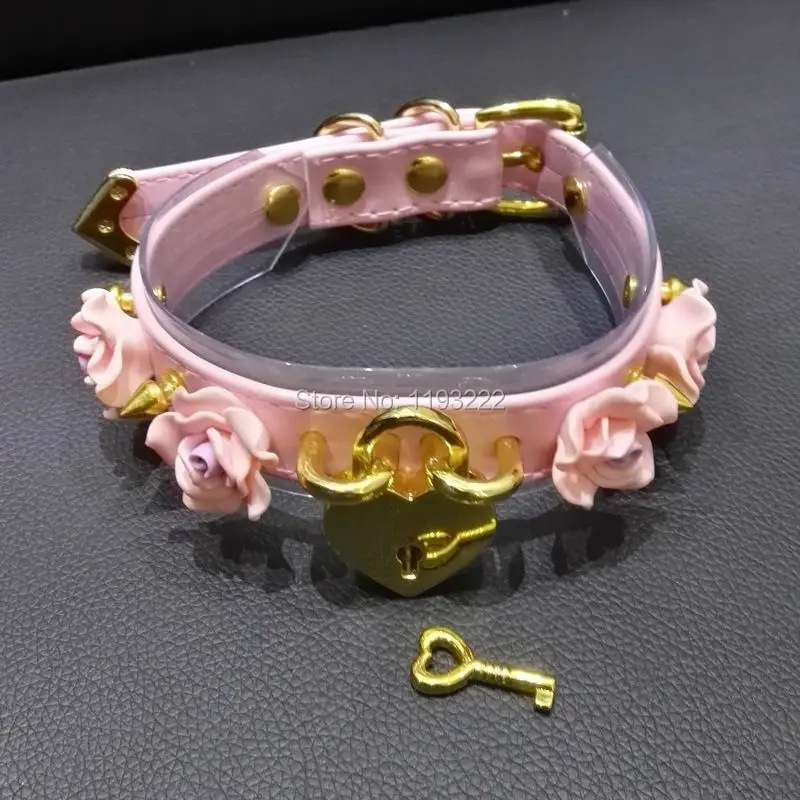 

Handmade Punk Gothic Big Rose flower Choker Gold Lock Key Lockable Padlock Collar Spikes Spiked PVC Vinyl Necklace