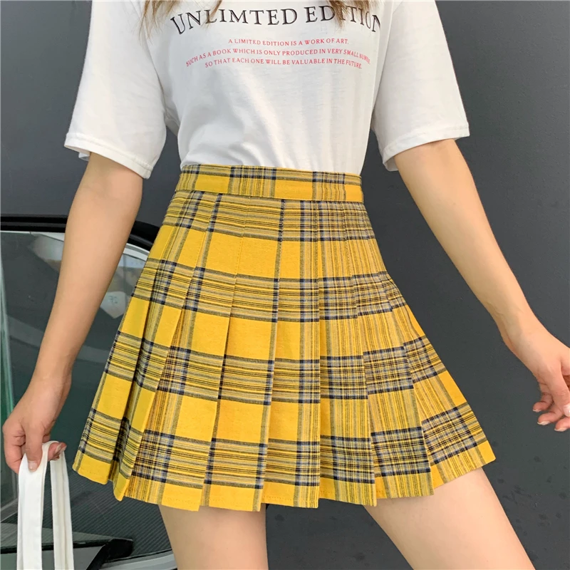 Новая Летняя короткая юбка в стиле Харадзюку, панк, с высокой талией, желтая, в клетку, а-образная, размера плюс, короткая плиссированная юбка