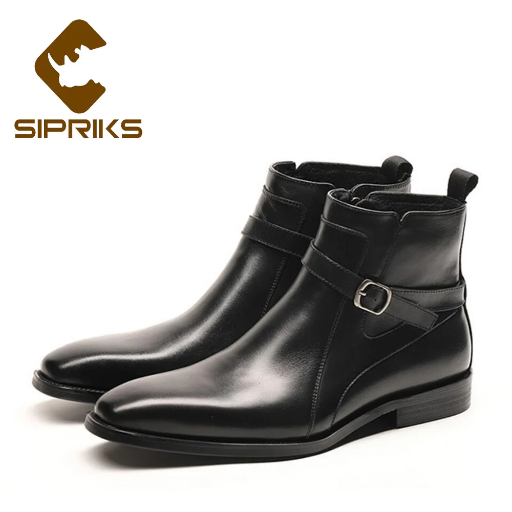 

Sipriks Mens Genuine Leather Brown Zipper Boots Square Toe Ankle Boots With Buckle Fashion Cowboy Boots 44 2018 Autumn New Style
