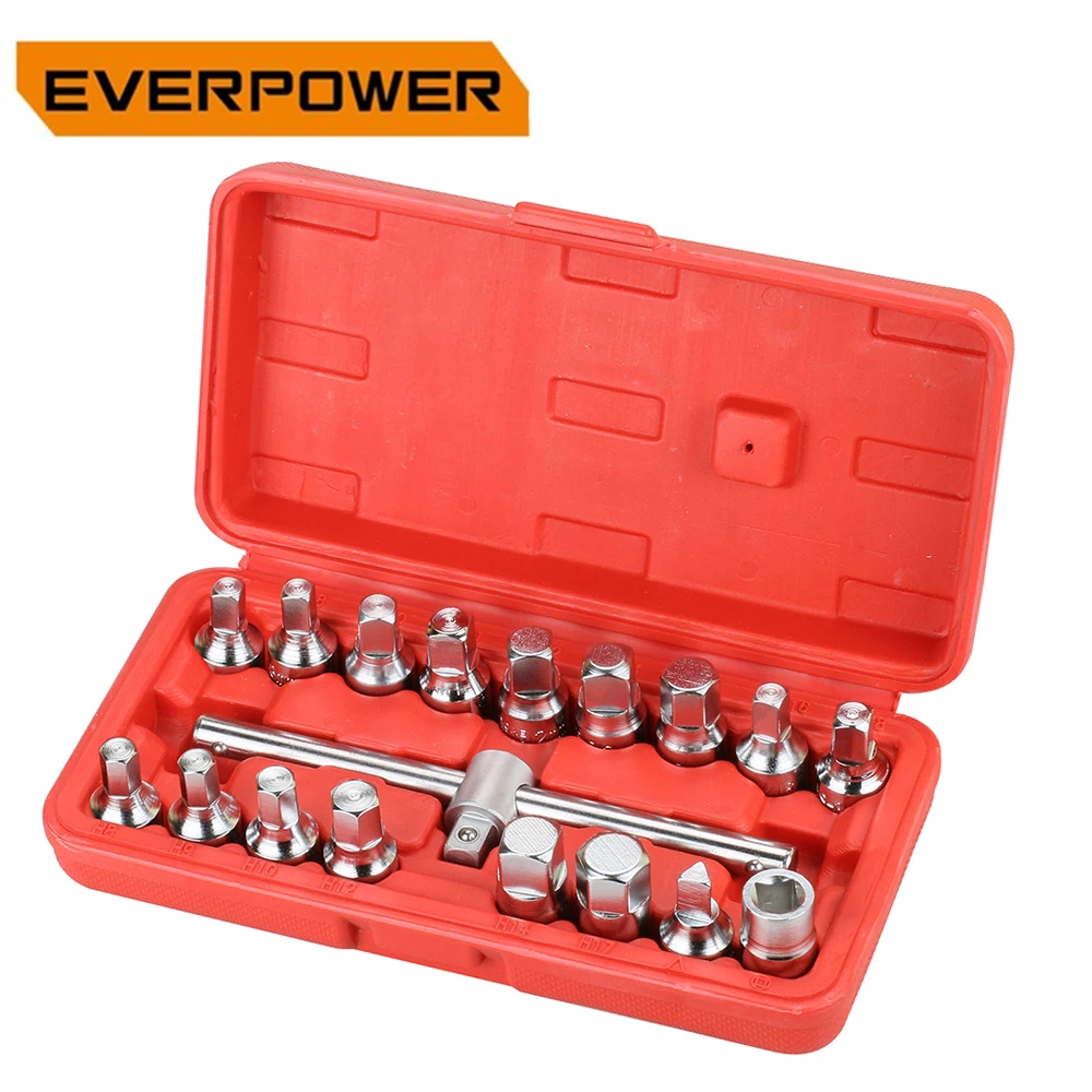 Everpower 18Pcs Sets Car Tools For Auto Repair Mechanics Box Socket  Triangle Square Hexagon Oil Drain Pipe Plug T Removal Kit