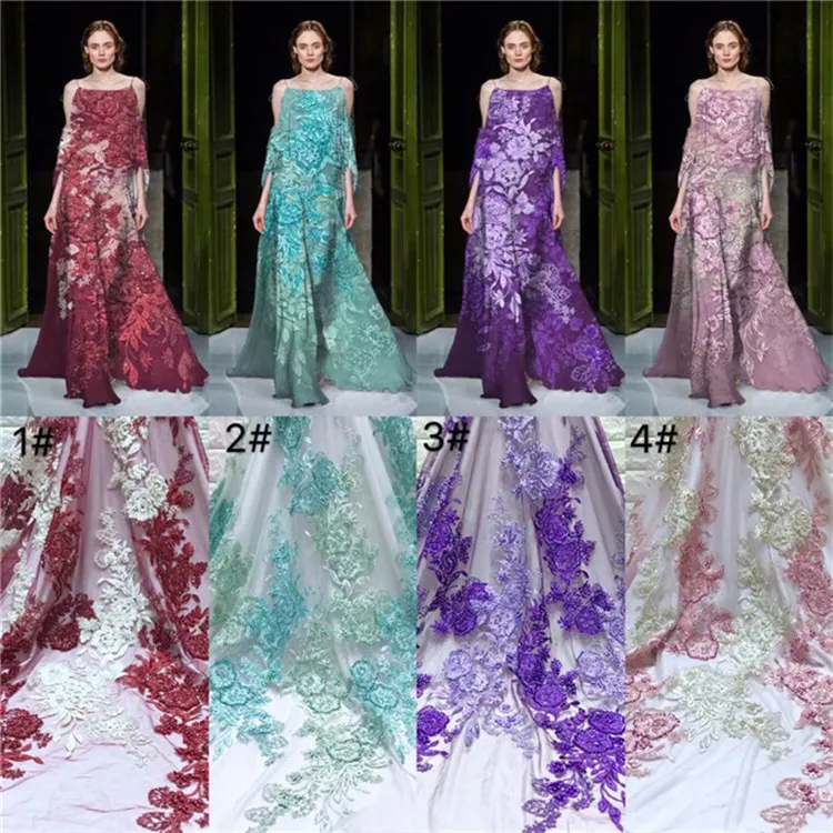 

Heavy French Dress Tulle Lace Latest African 3D Embroidered Net Lace Luxury High-end bead tube embroidery Lace Fabric purple