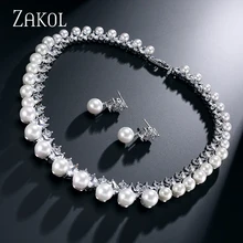 ZAKOL 2 Color Trendy Pure Imitation Pearl Bridal Wedding Jewelry Sets with Top Quality AAA Cubic