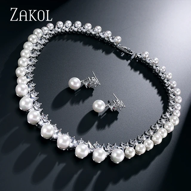Zakol Trendy Imitation Pearl Bridal Wedding Jewelry Sets Aaa Cubic Zakol Trendy Imitation Pearl Bridal Wedding Jewelry Sets Aaa Cubic Zircon Earrings Necklace Set For Women