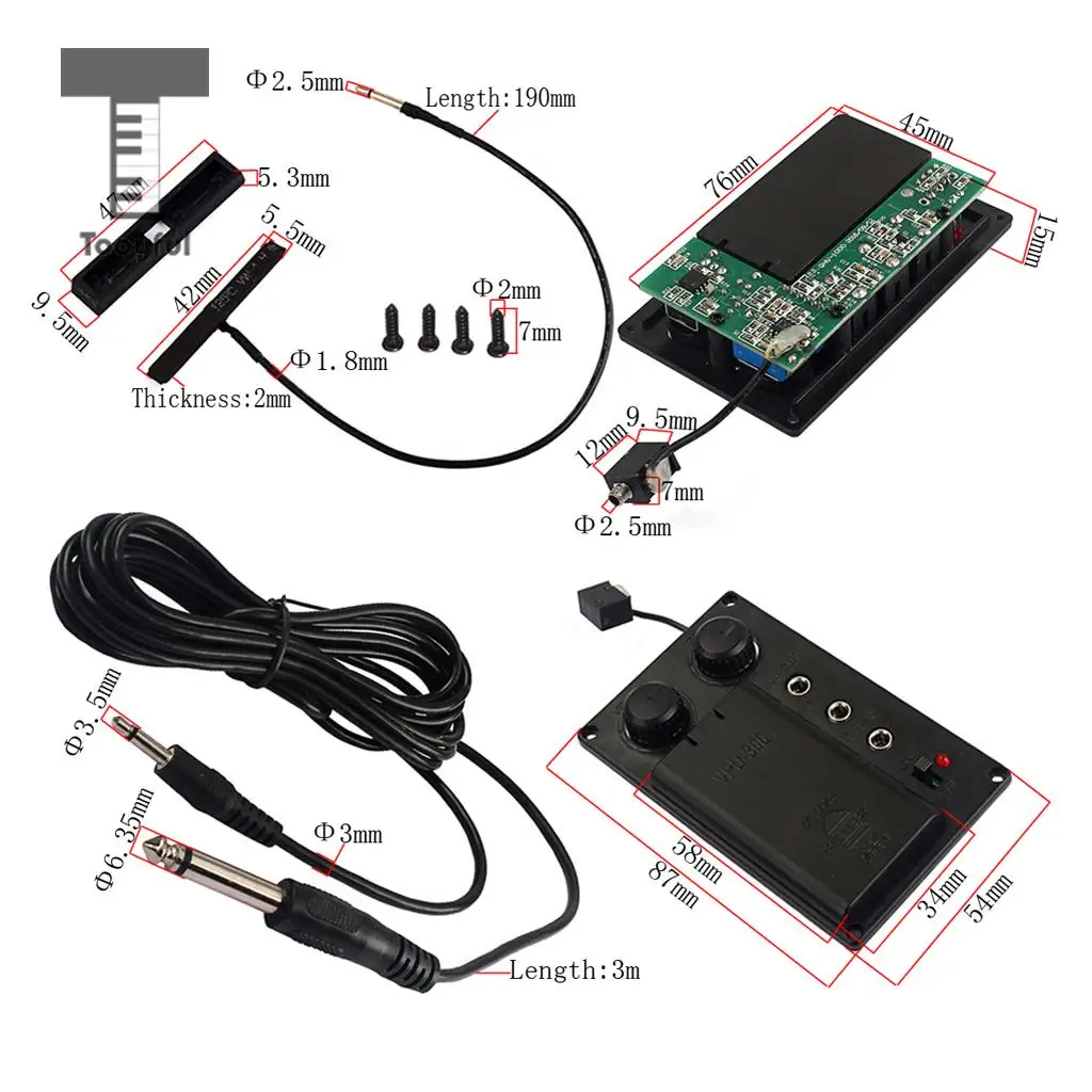 Tooyful Durable Metal Electric Violin Silent EQ Piezo Pickup Transducer with Cable Electronic Violin Parts Black