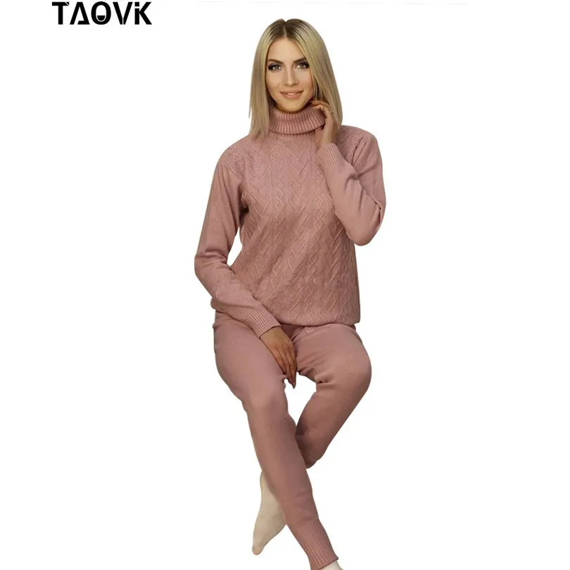 Женский вязаный костюм двойка TAOVK комплект из топа и брюк с высоким воротником