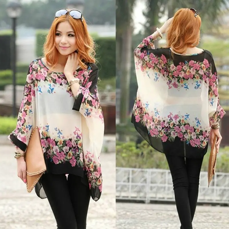

Fashion Women Batwing Sleeve Floral Chiffon Blouse Oversized Bohemian Style Casual Tops New