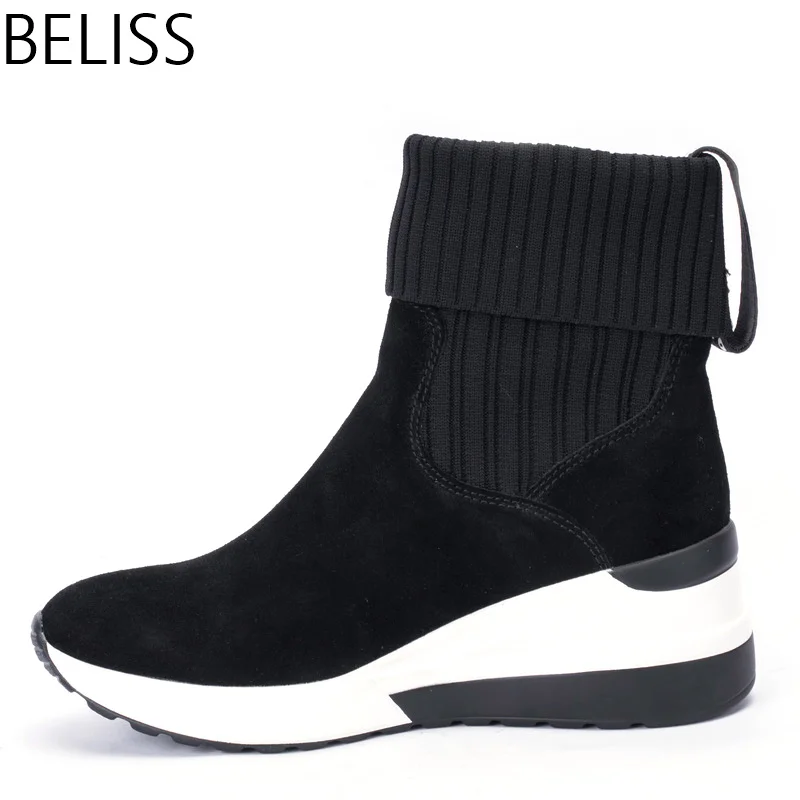 BELISS 2018 new design fashion ankle boots for women sneaker boots women wedges genuine leather pointed toe spring autumn BWG026 Women's Shoes