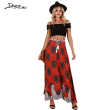 Для женщин с эластичной резинкой на талии летнее богемное пляжное сексуальная Длинная юбка с высокой талией в стиле бохо макси юбка с пикантным разрезом с принтом, повседнедневые, свободные юбка