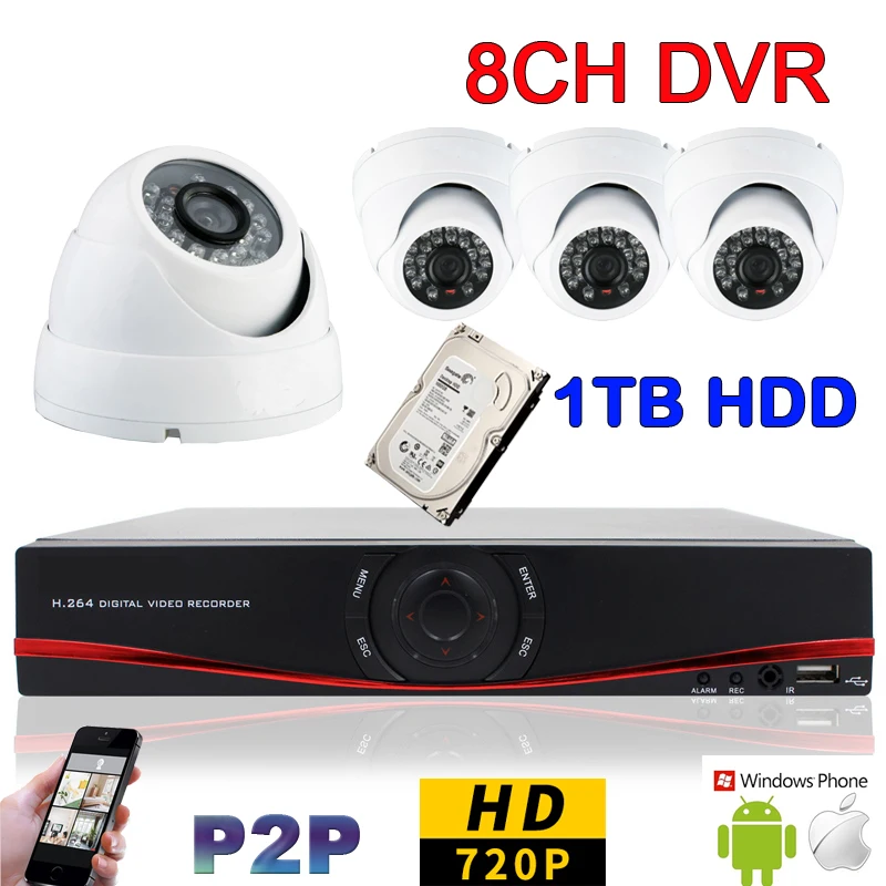 

8CH CCTV System 720P HDMI AHD CCTV DVR 4PCS 1.0 MP IR Indoor Security Camera 960H Camera Surveillance System with 1000GB HDD