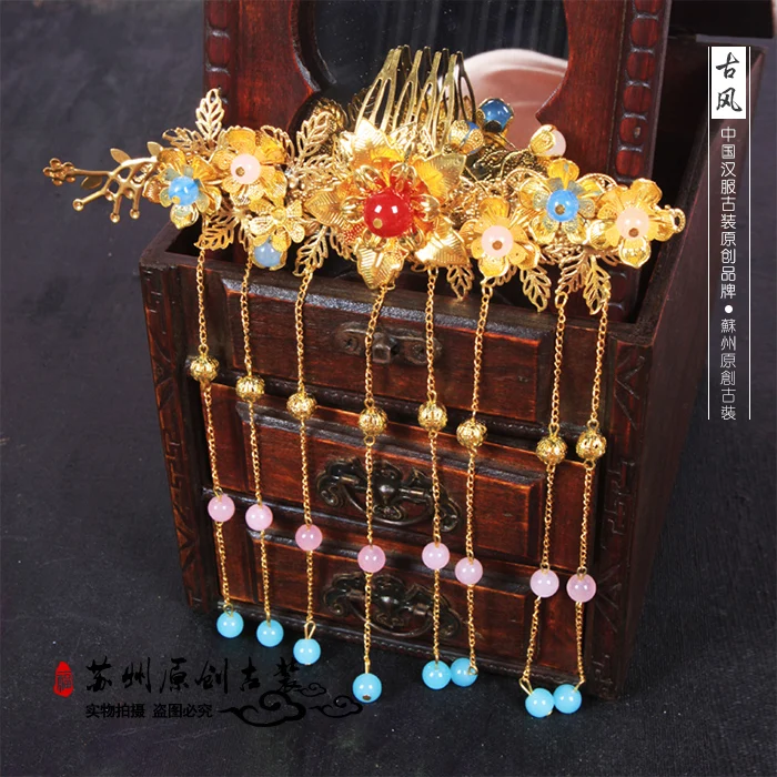 Pure Handmade Chinese Style Golden Tassel Hair Tiaras Bride Wedding Hair Accessory Photo House Bride Hair Comb Hair Jewelry large capacity jewelry display box house shape wooden jewelry 264e