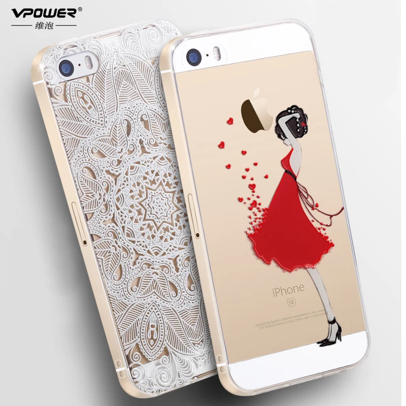 

Vpower For iPhone 5s se Case covers Luxury Transparent Soft TPU 3D Relief cat flower Print Phone case For iphone 5 5s SE
