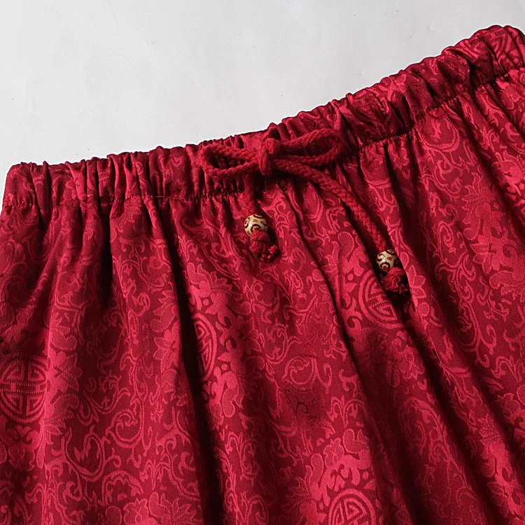 Лето бордовый Китайский Мужской сатин кунг-фу Брюки традиционного Для мужчин брюки Размеры M, L, XL, XXL, XXXL
