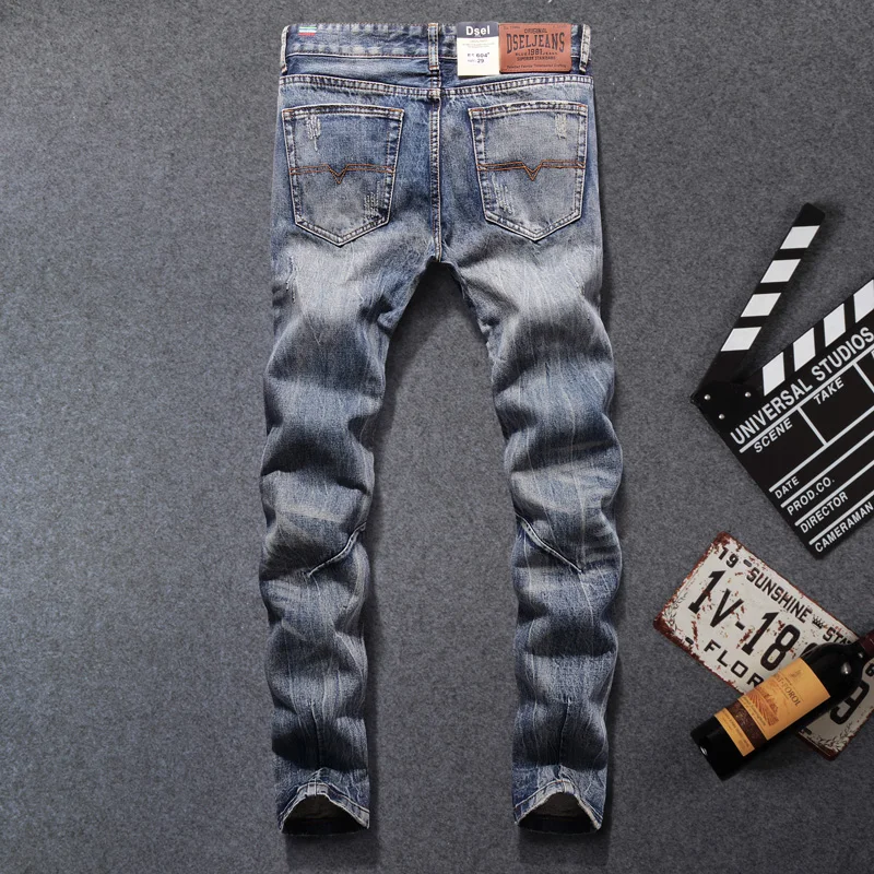 Italian Fashion Designer Men Jeans Dark Gray Classical Style Ripped Jeans Men 100% Cotton Slim Fit Famous Brand Jeans Homme 