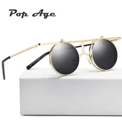 POP возраст 2018 Новый стимпанк Солнцезащитные очки для женщин круглый дизайнер флип Защита от солнца очки металлический Для женщин покрытие