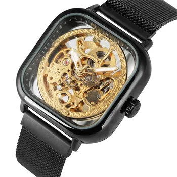 

WINNER Brand Transparent Skeleton Mechanical Men Watch Square Dial Magnetic Buckle Watchband Casual Young Male Timepiece Gifts