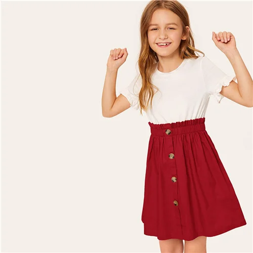Multicolor SHEIN/детское Повседневное платье для девочек с двумя пуговицами и рюшами спереди; коллекция года; летнее короткое расклешенное платье с рукавами-воланами и цветными блоками - Цвет: Multicolor