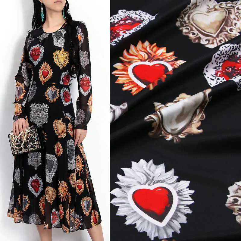 

red gemstone printed Georgette chiffon fabric,women dress crepe fabric DIY clothing digital print polyester tissu au metre
