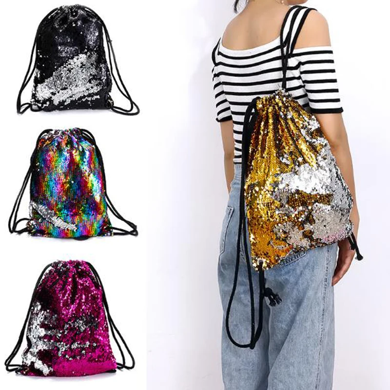 

New mermaid sequins package flip sequins drawstring beam bag beach bag student sequins bag backpack