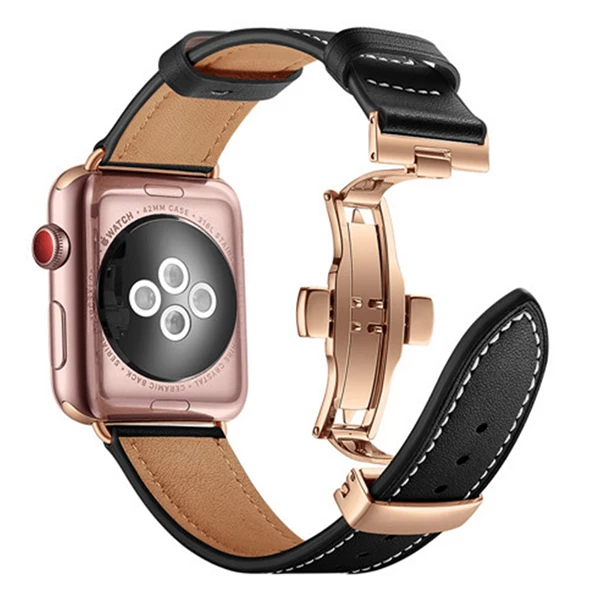 Итальянский ремешок из натуральной кожи для iWatch Apple Watch, 38 мм, 40 мм, 42 мм, 44 мм, серия 5, 4, 3, 2, 1, ремешок с застежкой-бабочкой - Цвет ремешка: Black RG
