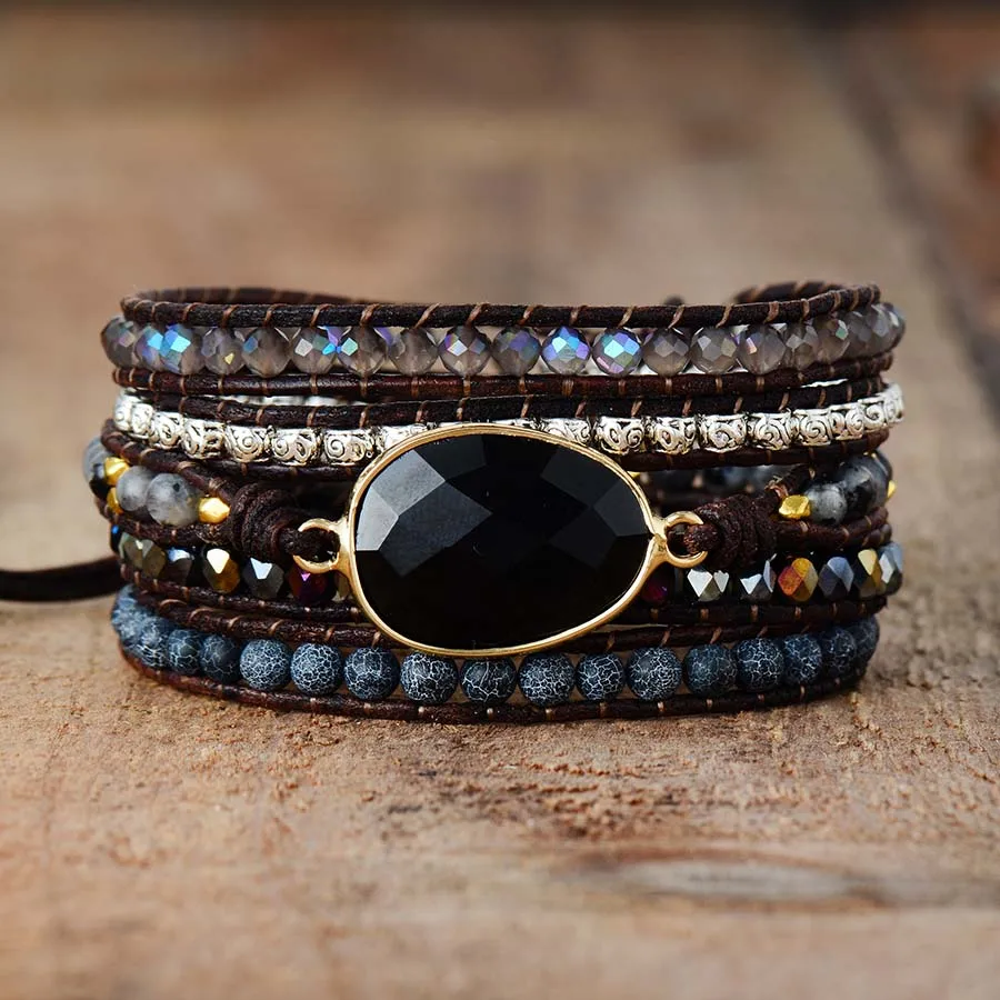 Native Inspired Designer Leather Bracelet Black Onyx Mix 5 Strands Woven Wrap Bangles Bohemian Jewelry Dropship - Image 3