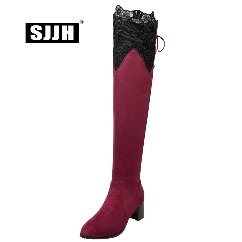 

SJJH Women Nubuck Long Chelsea Boots with Point Toe Chunky Cut-outs Lace Over-the-Knee Boots Fashion Roman Shoes Large Size Q603