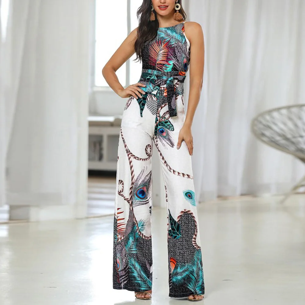 

Women's Jumpsuit Ladies Vacation Summer Halter Neck Loose Fashion Beach Casual Holiday Elegant Printed BowKnot Romper Jumpsuits