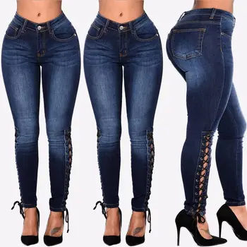 

2017 Fashion Women Ladies High Waist Skinny Bandage Denim Pants Jeans Slim Stretch Women Pencil Pants Trousers Plus Size