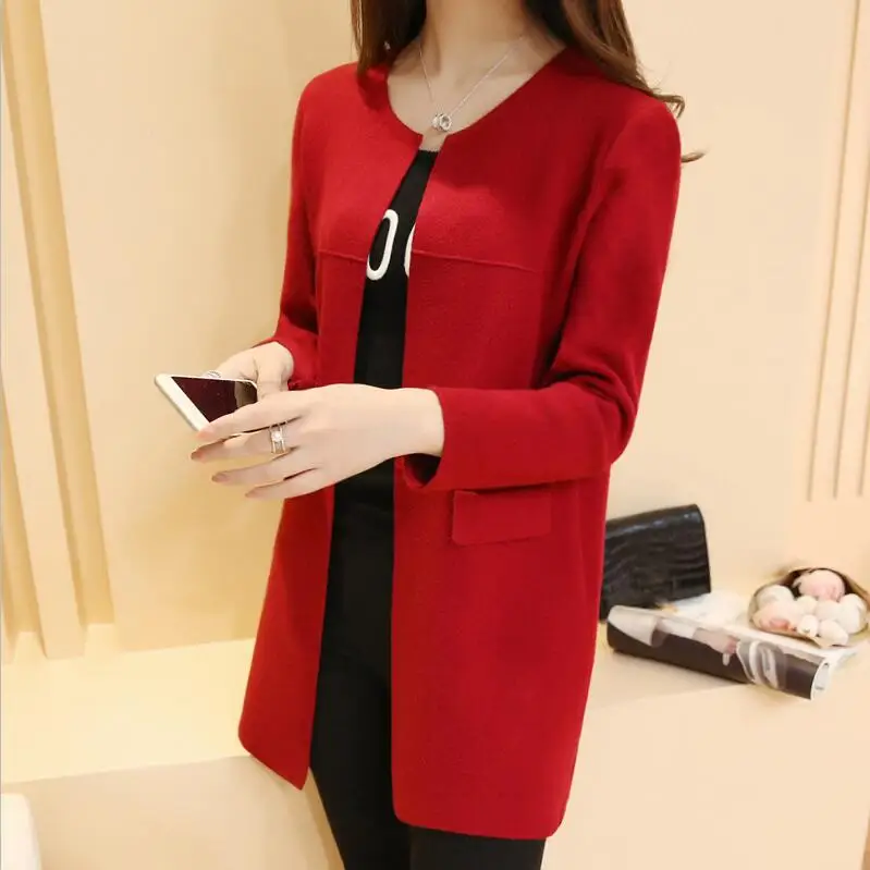 Кардиган для женщин длинный осенний зимний теплый Женский Повседневный свитер с длинным рукавом вязаные топы - Цвет: Красный