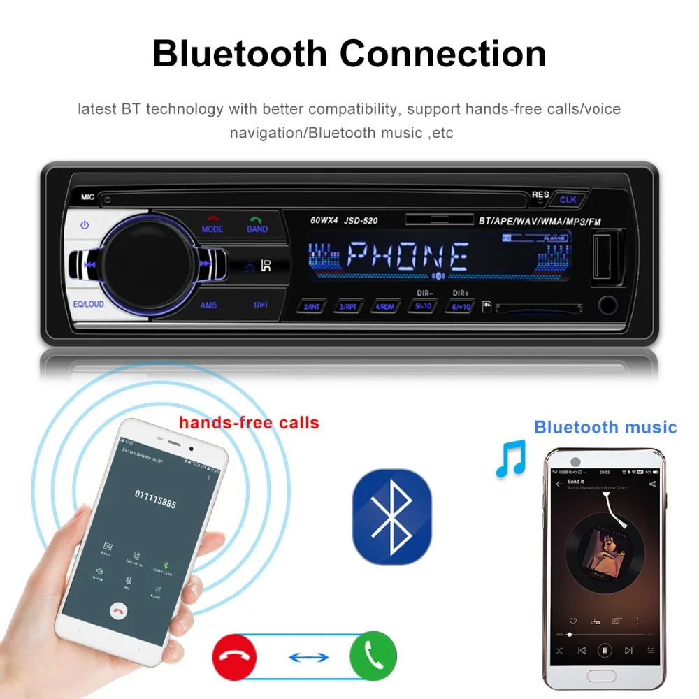 Bluetooth V2.0 JSD 520 oto teypleri Авто Стерео Автомагнитола 1din 12V In dash 1 Din FM Aux SD USB MP3