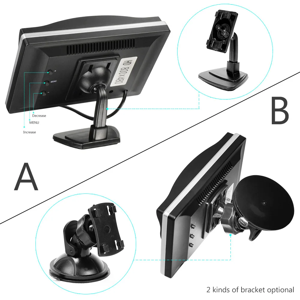 5 Inch 800*480 TFT LCD Car Parking Rear View Monitor with Car Rear/Front/Side View Camera 4 LED Lights 2 Ways Video Input DC 12V