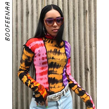 

BOOFEENAA Fashion T Shirt Graphic Tees Women Tye Dye Print Patchwork Sheer Mesh High Neck Long Sleeve Shirts Streetwear C94-AZ15