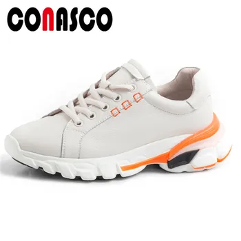 

CONASCO High Quality Genuine Leather Women Flats Fashion Classic Spring Summer Casual Shoes Woman Cross Tied Concise Sneakers