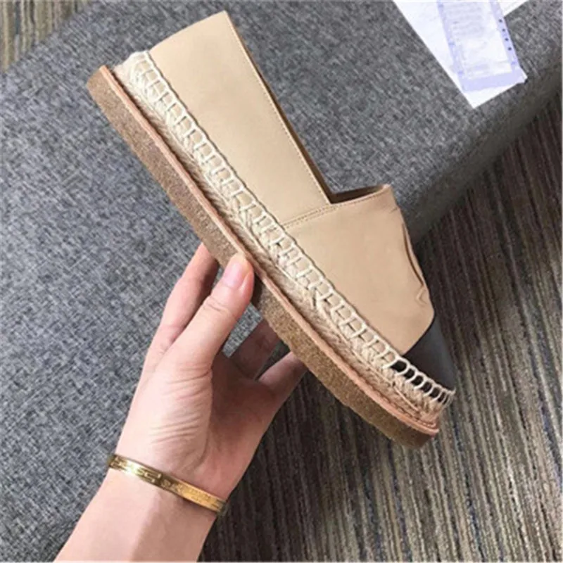 

Small fragrance fisherman shoes female 2019 thick grass straw linen leather canvas one pedal lazy Lok Fu flat shoes